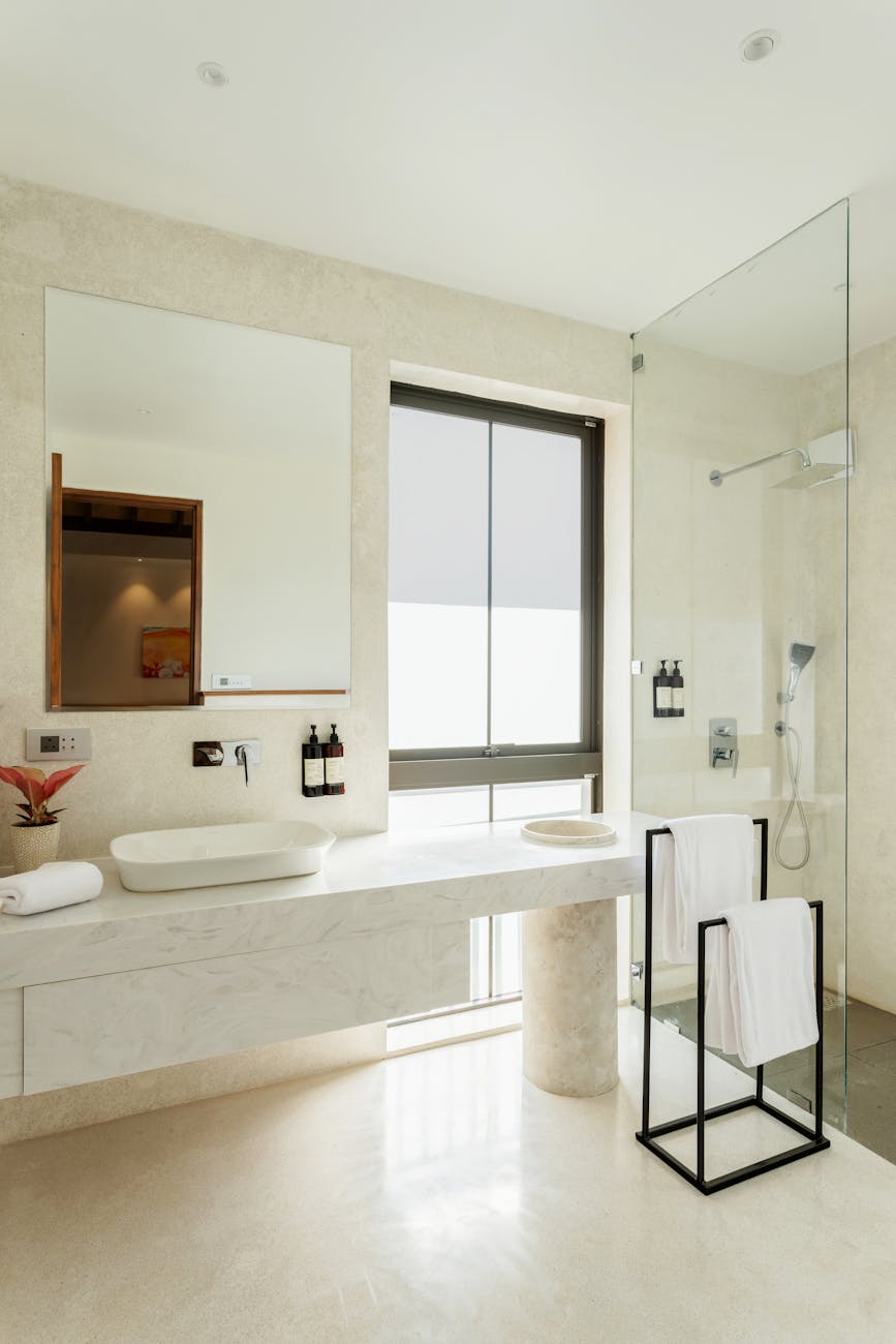 luxury bathroom in a modern vagator villa