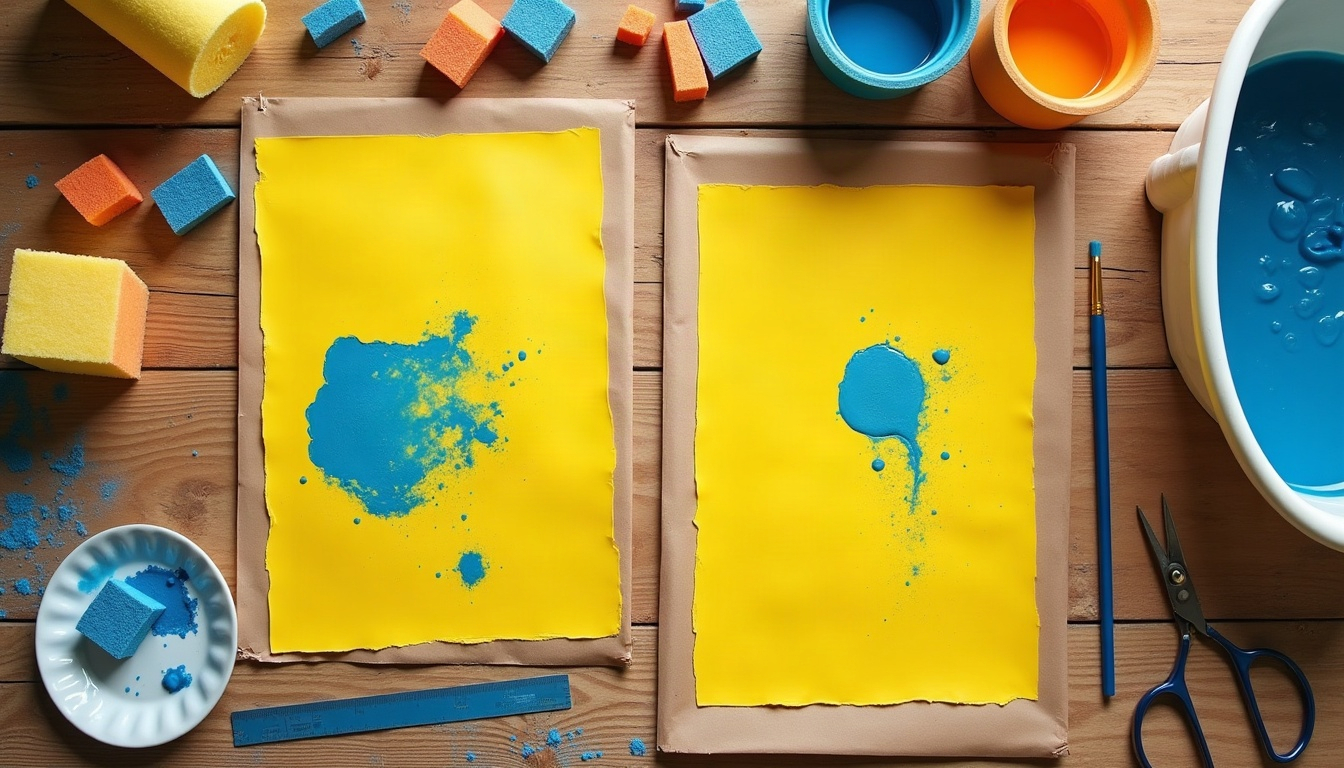 Two yellow cardboard panels with blue sponge-painted puddles lying among paint pots, brushes and tape on a wooden table.
