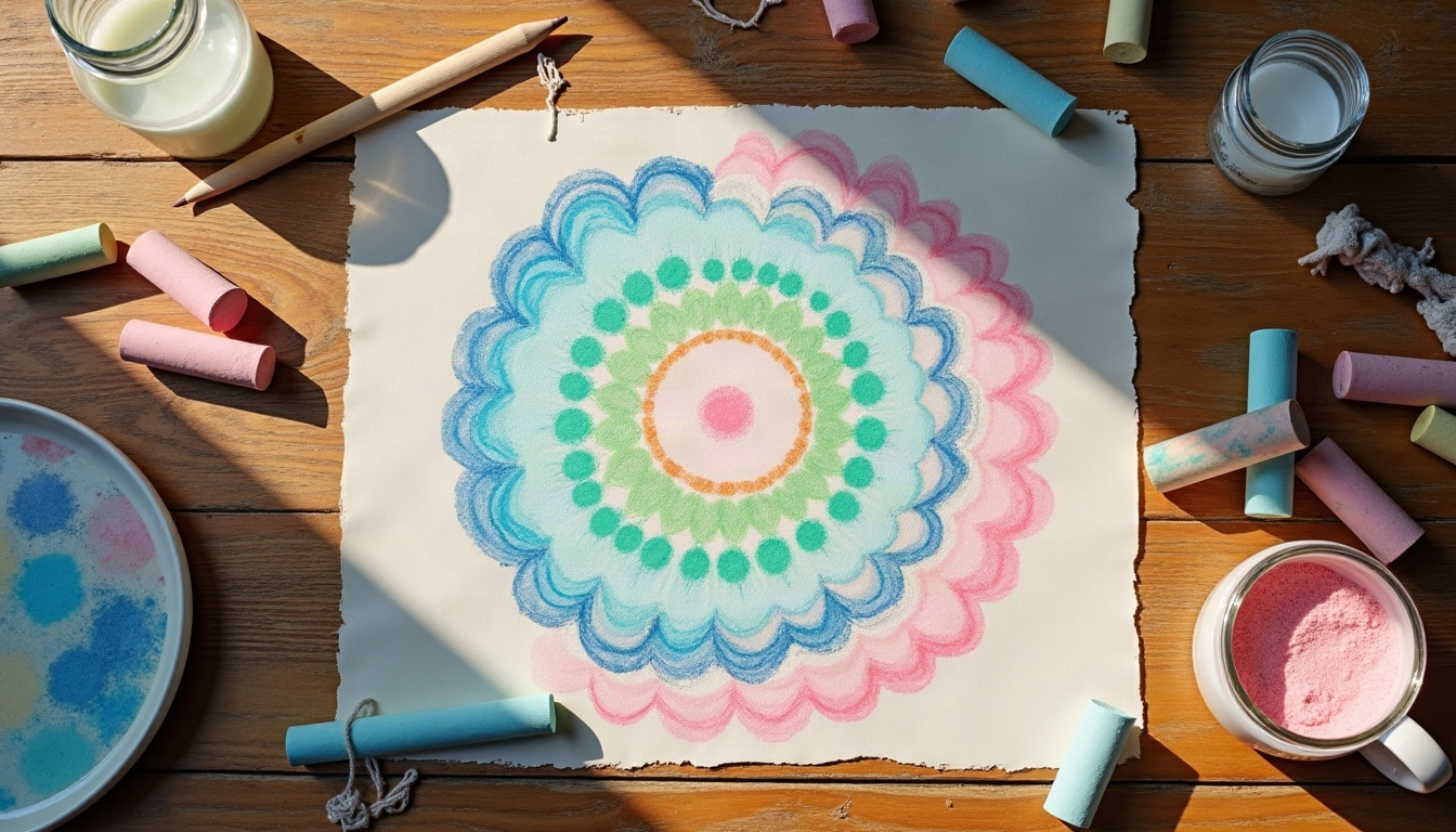 Sticks of colorful chalk, a string and a pencil laid around a half-finished circle pattern sketched on paper.