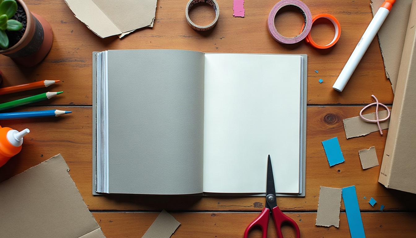 A half-folded paper sketchbook with a cardboard cover, surrounded by colored pencils, glue and scissors on a wooden table.