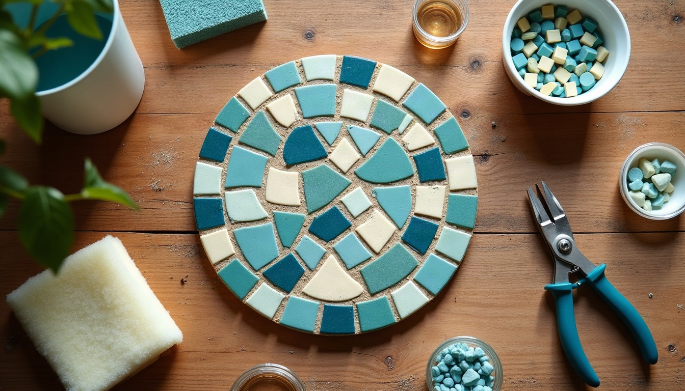 A half-finished mosaic stepping stone on a wooden table surrounded by tile chips, nippers and a sponge.