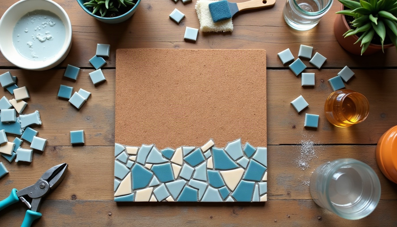 A cork square half covered in glossy blue and cream tile pieces, with nippers, grout and a sponge laid around it.