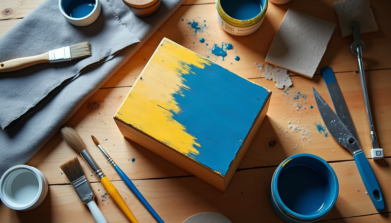 A small pine box with a half-painted blue night-sky lid on a wooden table beside brushes, paint and a sheet of felt.