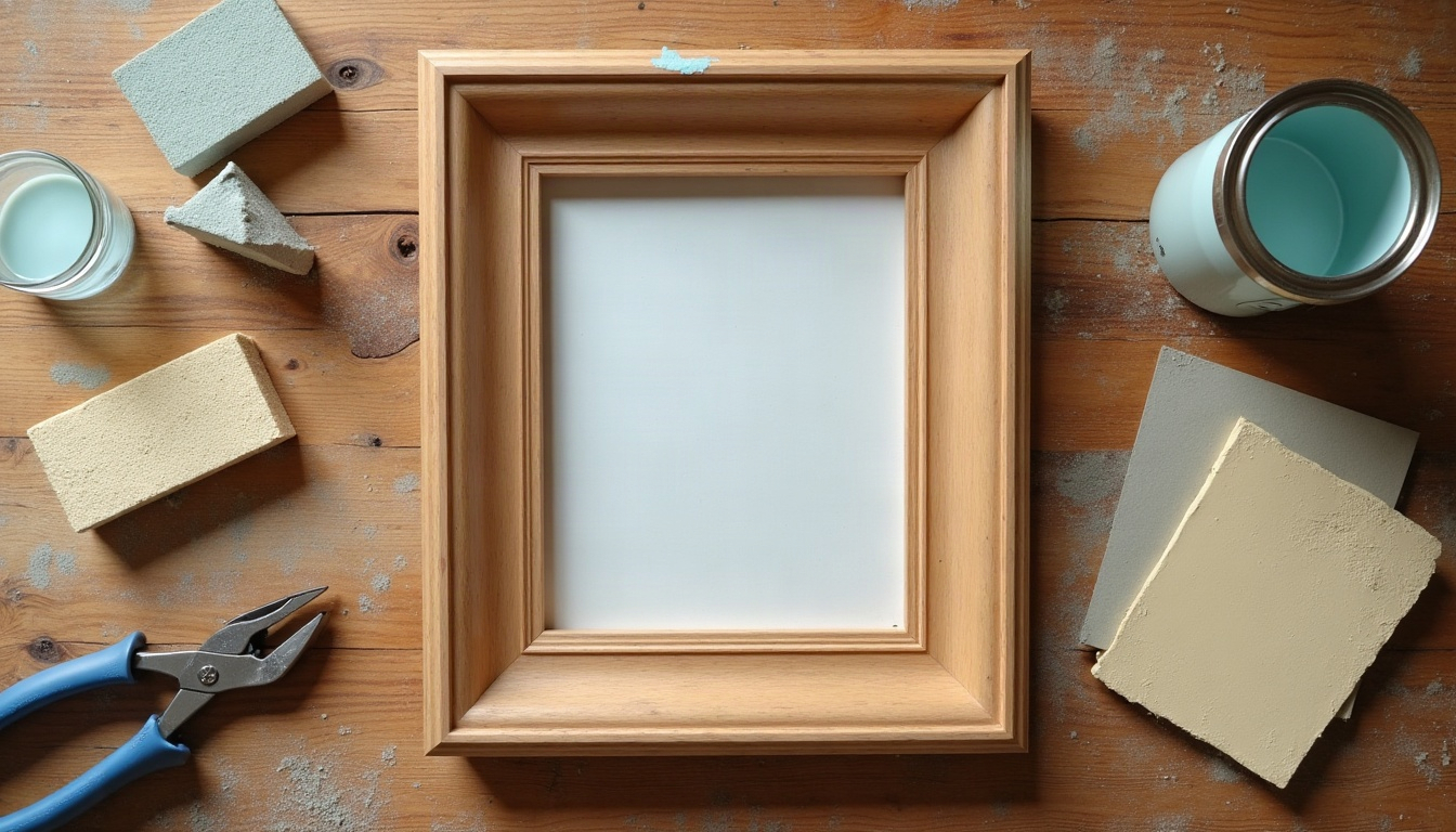 A half-sanded wooden picture frame with sandpaper, a paint can, a brush and pliers laid out around it.