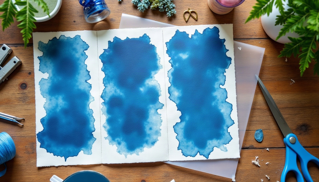 Blue and white sun print bookmarks with leaf silhouettes drying on a wooden table beside ribbon, scissors and a tray of water.