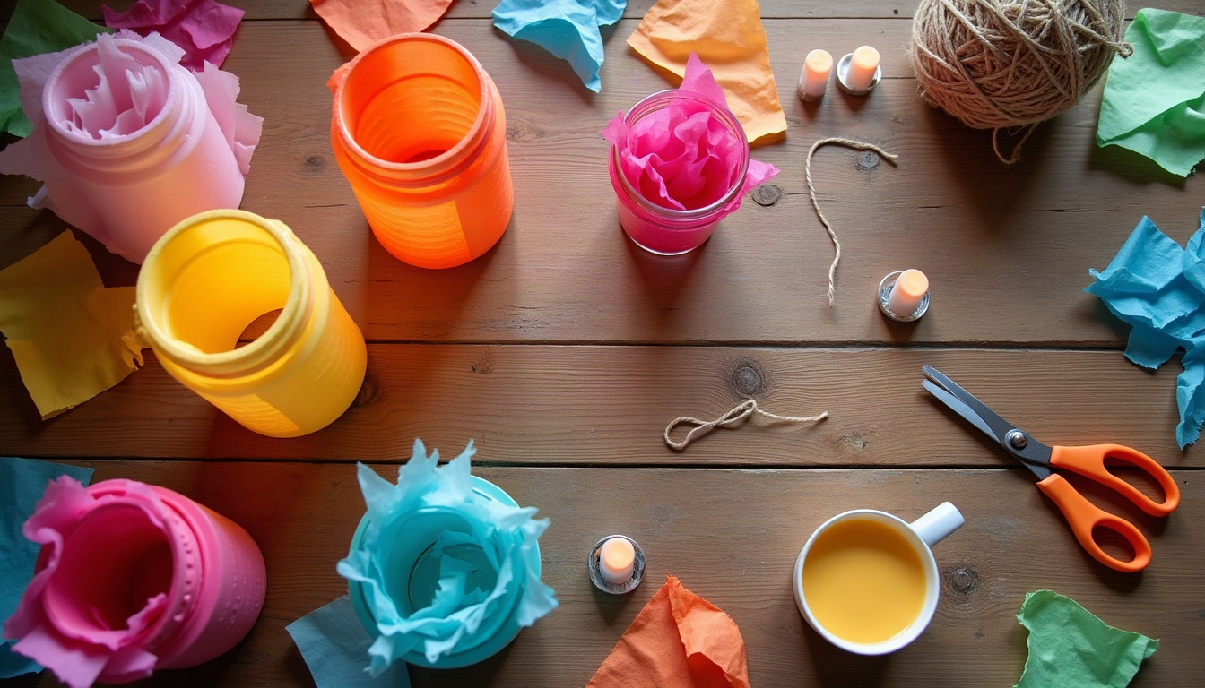 A glass jar half covered in colorful tissue paper with torn scraps, a glue cup and a brush around it.