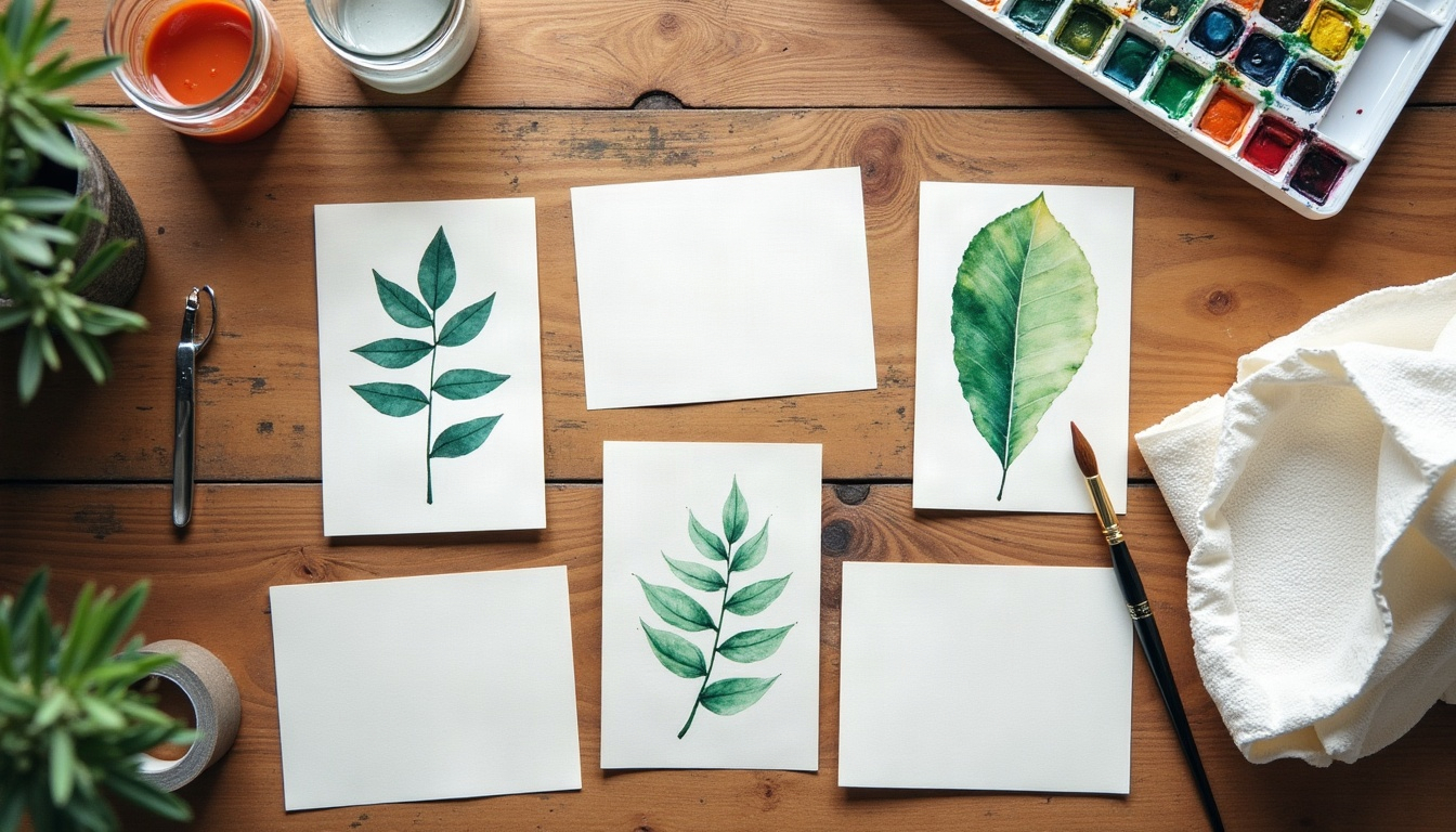 Half-finished watercolor leaf notecards on a wooden table beside a paint set, brush and jars of water.