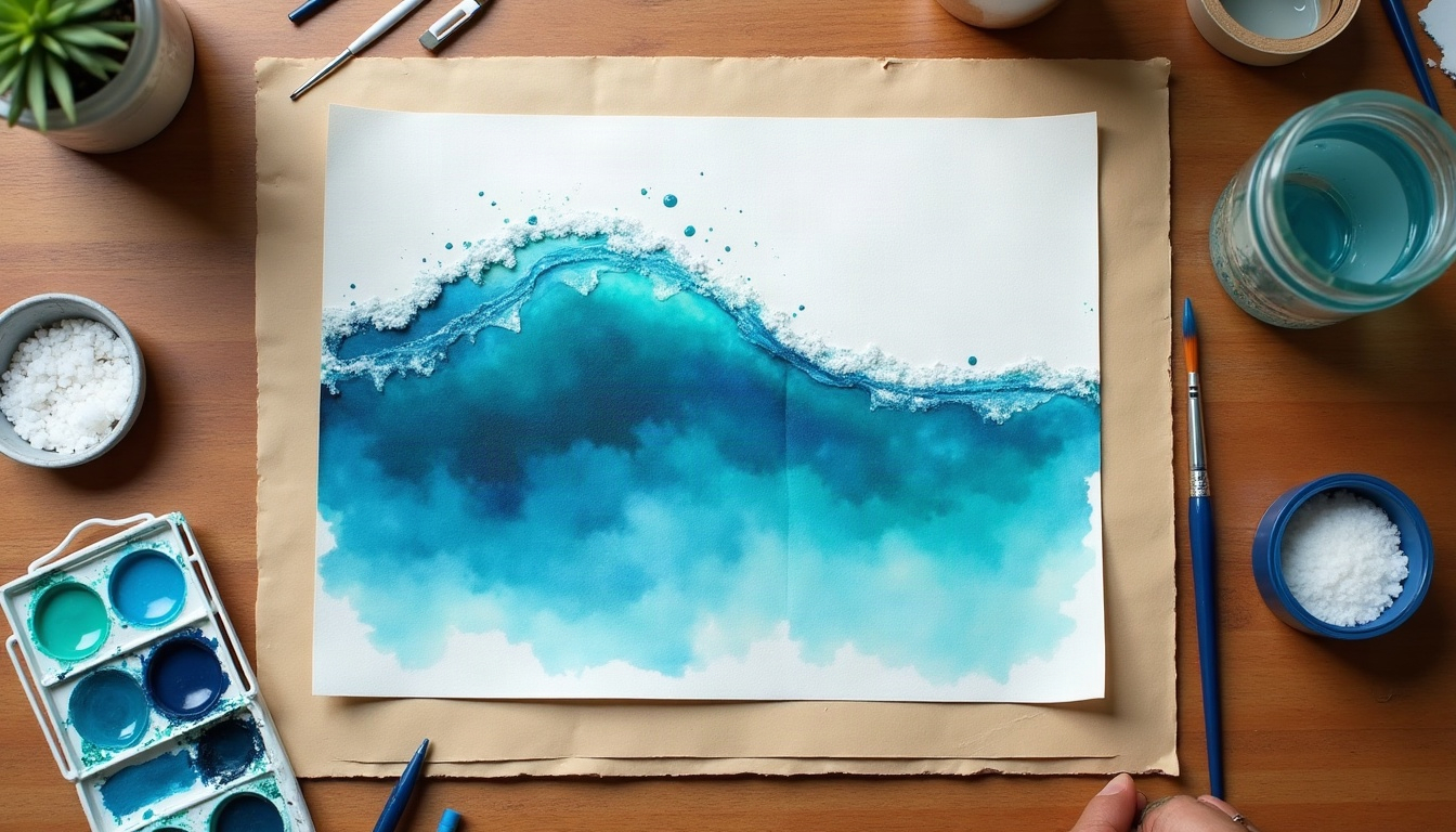 Overhead view of a half-finished watercolor wave painting taped to a board, with paints, brushes, salt and a white crayon around it.